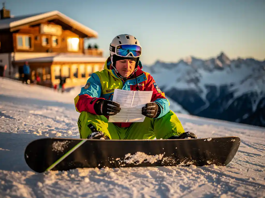 Snowboarder in bunter Winterkleidung liest Versicherungsdokument auf verschneitem Berghang mit Skihütte im Hintergrund