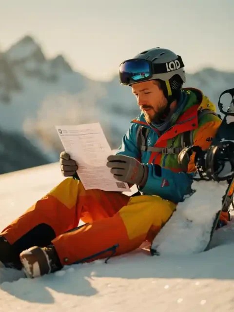 Snowboarder in felle winterkleding leest verzekeringsdocument op besneeuwde helling met bergtoppen op achtergrond