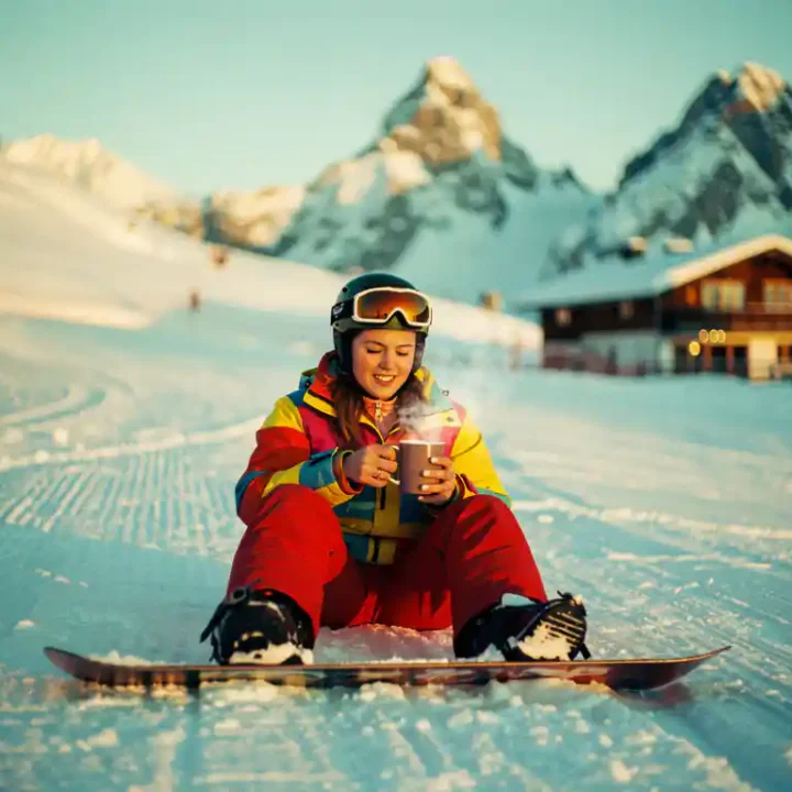 Snowboarder pauzeert met warme chocolademelk op besneeuwde alpine piste, bergchalet op achtergrond in gouden zonlicht