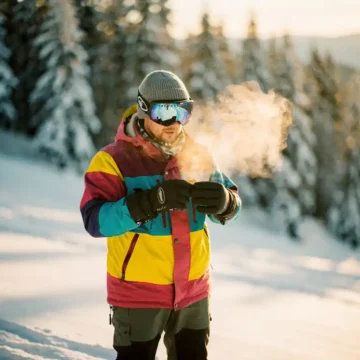 Snowboarder in felle winterkleding past handschoenen aan op besneeuwde helling met dennenbomen op de achtergrond
