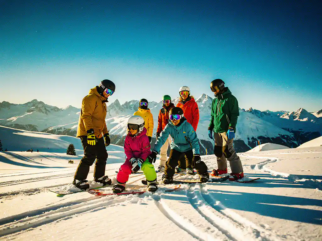Diverse groep snowboarders van verschillende leeftijden op besneeuwde bergpiste met kleurrijke winterkleding en helmen
