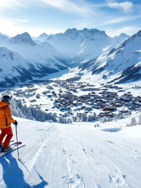 Ski-instructeur in rood jack trekt spoor op verse sneeuw in Sölden skigebied bij gouden ochtendlicht, met blauwe en rode pistes tegen dramatische Alpentoppen.