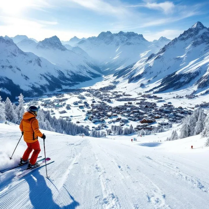 Ski-instructeur in rood jack trekt spoor op verse sneeuw in Sölden skigebied bij gouden ochtendlicht, met blauwe en rode pistes tegen dramatische Alpentoppen.
