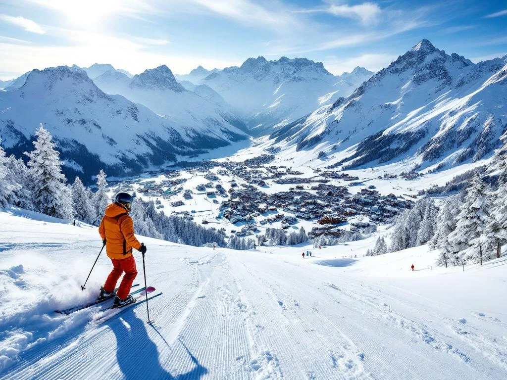 Ski-instructeur in rood jack trekt spoor op verse sneeuw in Sölden skigebied bij gouden ochtendlicht, met blauwe en rode pistes tegen dramatische Alpentoppen.