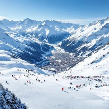 Luchtfoto van Sölden skipistes met skiërs op verschillende moeilijkheidsgraden, Oostenrijkse Alpen op achtergrond