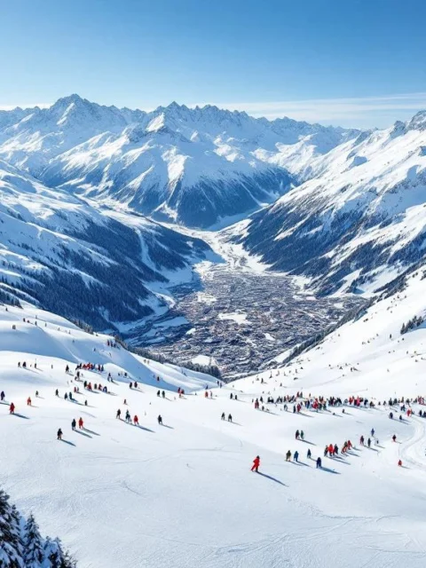 Luchtfoto van Sölden skipistes met skiërs op verschillende moeilijkheidsgraden, Oostenrijkse Alpen op achtergrond