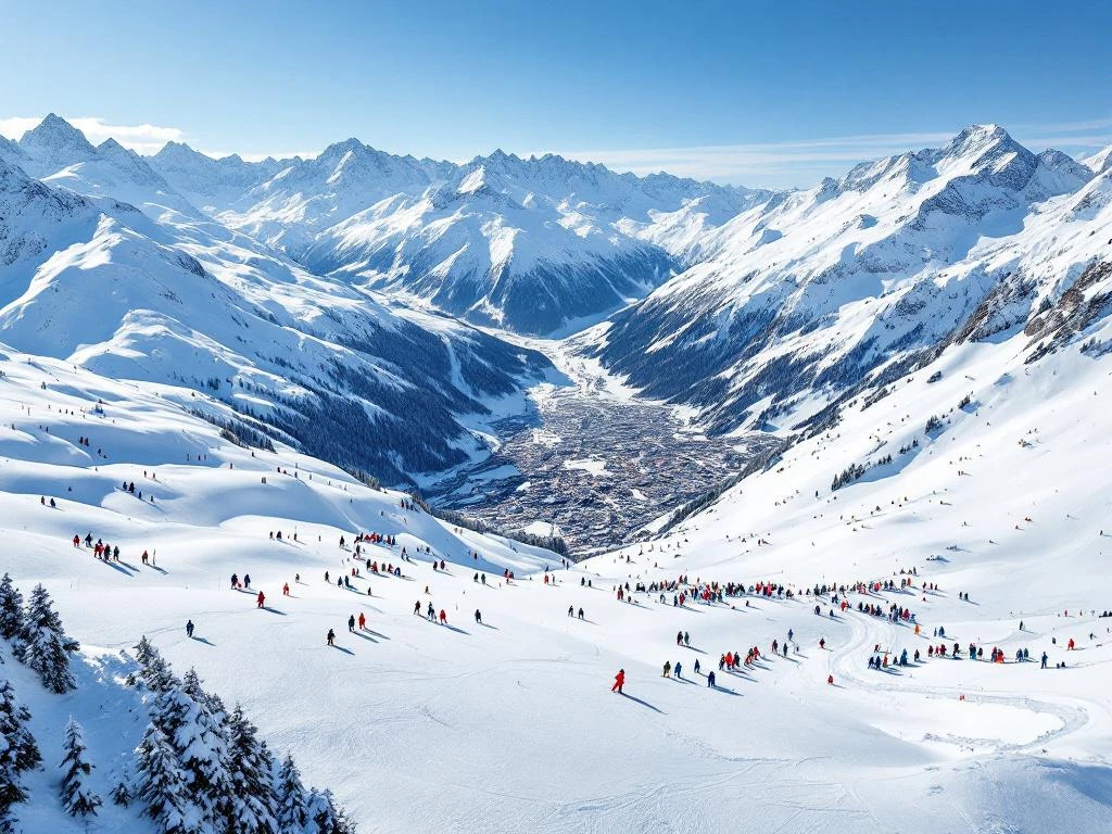 Luchtfoto van Sölden skipistes met skiërs op verschillende moeilijkheidsgraden, Oostenrijkse Alpen op achtergrond