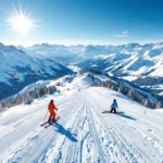 Luchtfoto van besneeuwde skipistes in Söll met kleurrijke ski-uitrusting en Oostenrijkse Alpen op achtergrond