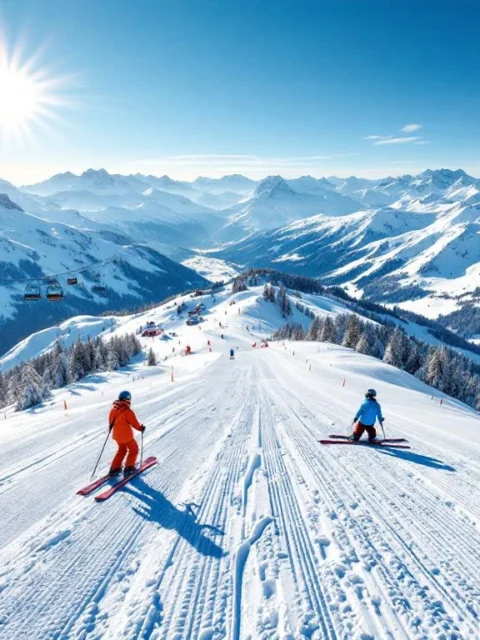 Luchtfoto van besneeuwde skipistes in Söll met kleurrijke ski-uitrusting en Oostenrijkse Alpen op achtergrond