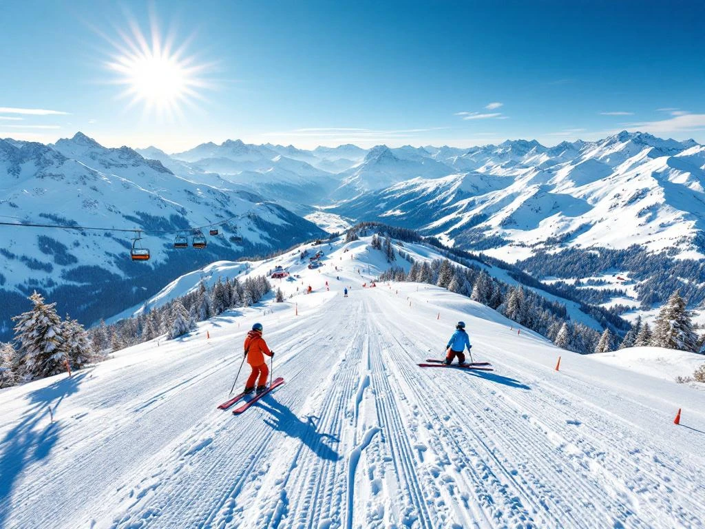 Luchtfoto van besneeuwde skipistes in Söll met kleurrijke ski-uitrusting en Oostenrijkse Alpen op achtergrond