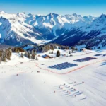 Sonnenkopf skipistes in Klostertal met gegroepeerde ski-uitrusting en les-markers onder blauwe hemel