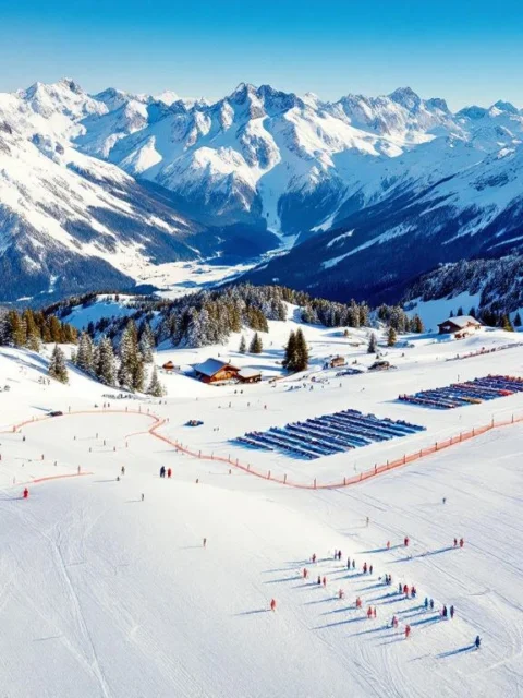 Sonnenkopf skipistes in Klostertal met gegroepeerde ski-uitrusting en les-markers onder blauwe hemel