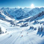 Sportgastein skipistes met verse poedersneeuw, skisporen en kleurrijke ski-uitrusting onder Oostenrijkse Alpentoppen