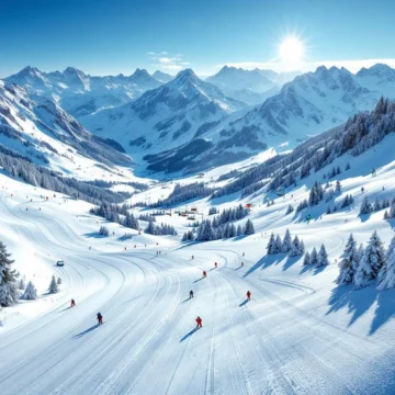 Sportgastein skipistes met verse poedersneeuw, skisporen en kleurrijke ski-uitrusting onder Oostenrijkse Alpentoppen