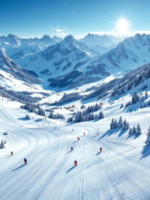 Sportgastein skipistes met verse poedersneeuw, skisporen en kleurrijke ski-uitrusting onder Oostenrijkse Alpentoppen