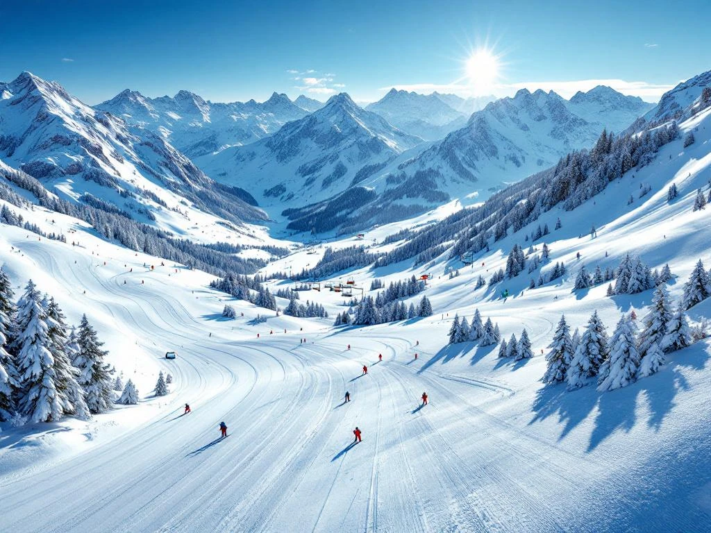 Sportgastein skipistes met verse poedersneeuw, skisporen en kleurrijke ski-uitrusting onder Oostenrijkse Alpentoppen