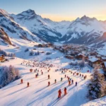 Luchtfoto van skiërs op de pistes van St. Anton am Arlberg tijdens zonsondergang met Oostenrijkse chalets en bergen