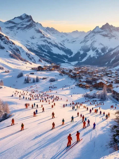 Luchtfoto van skiërs op de pistes van St. Anton am Arlberg tijdens zonsondergang met Oostenrijkse chalets en bergen