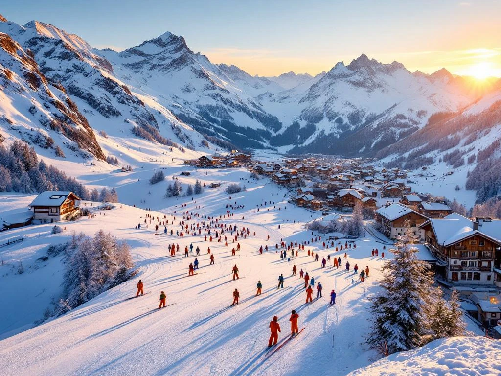 Luchtfoto van skiërs op de pistes van St. Anton am Arlberg tijdens zonsondergang met Oostenrijkse chalets en bergen