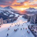 Luchtfoto van skipistes St. Johann in Tirol bij zonsondergang met skiërs op besneeuwde hellingen en Tiroler Alpen