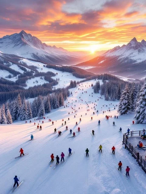 Luchtfoto van skipistes St. Johann in Tirol bij zonsondergang met skiërs op besneeuwde hellingen en Tiroler Alpen