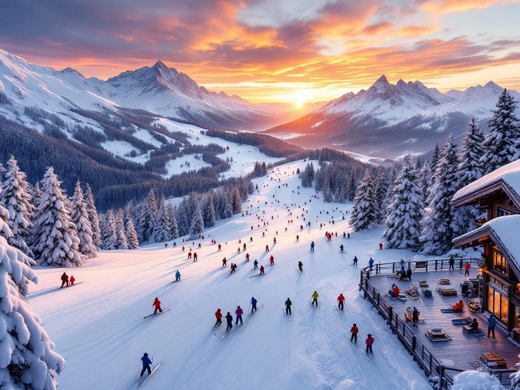 Luchtfoto van skipistes St. Johann in Tirol bij zonsondergang met skiërs op besneeuwde hellingen en Tiroler Alpen