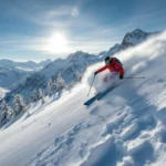 Ervaren skiër in rood-blauw pak maakt perfecte bocht op steile, ongerepte piste. Op achtergrond majestueuze Alpen onder strakblauwe hemel met glinsterend zonlicht.