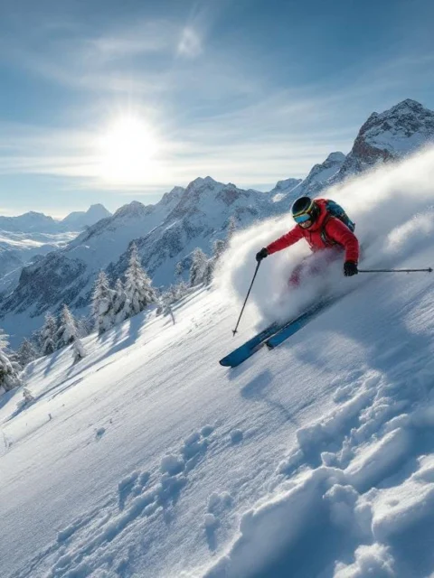 Ervaren skiër in rood-blauw pak maakt perfecte bocht op steile, ongerepte piste. Op achtergrond majestueuze Alpen onder strakblauwe hemel met glinsterend zonlicht.