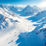 Skiërs maken bochten in poedersneeuw op Stubaier Gletscher met besneeuwde Alpentoppen onder blauwe hemel