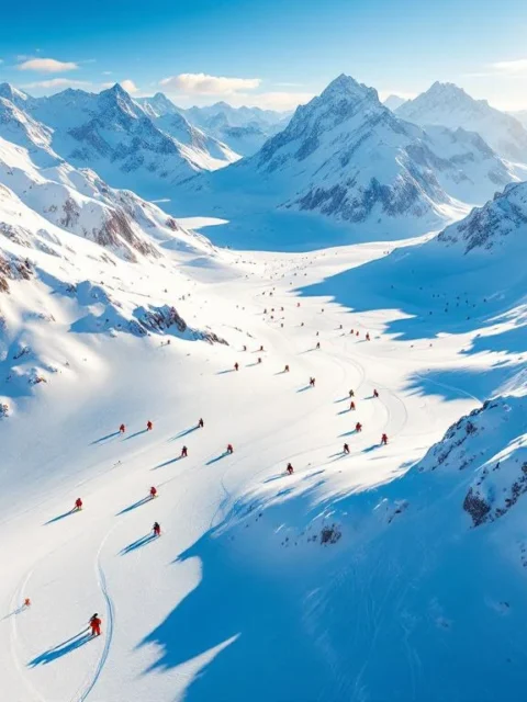 Skiërs maken bochten in poedersneeuw op Stubaier Gletscher met besneeuwde Alpentoppen onder blauwe hemel