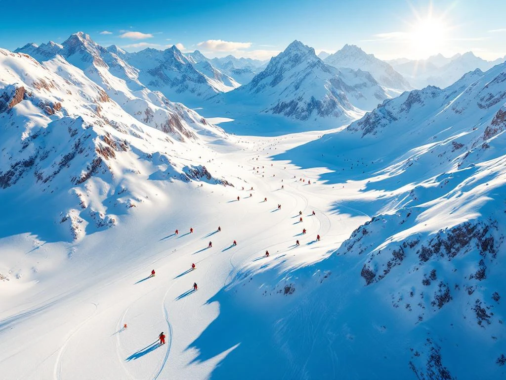 Skiërs maken bochten in poedersneeuw op Stubaier Gletscher met besneeuwde Alpentoppen onder blauwe hemel