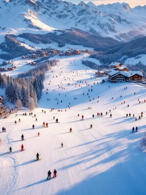 Luchtfoto van skipistes in Stuben am Arlberg tijdens gouden uur met skiërs, Oostenrijkse chalets en alpine pieken