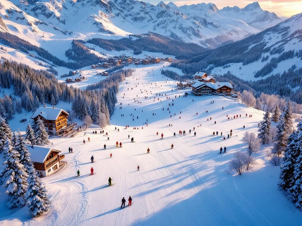 Luchtfoto van skipistes in Stuben am Arlberg tijdens gouden uur met skiërs, Oostenrijkse chalets en alpine pieken