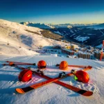Luchtfoto van Super Besse skigebied met besneeuwde pistes, kleurrijke ski-uitrusting en skiliften onder blauwe hemel