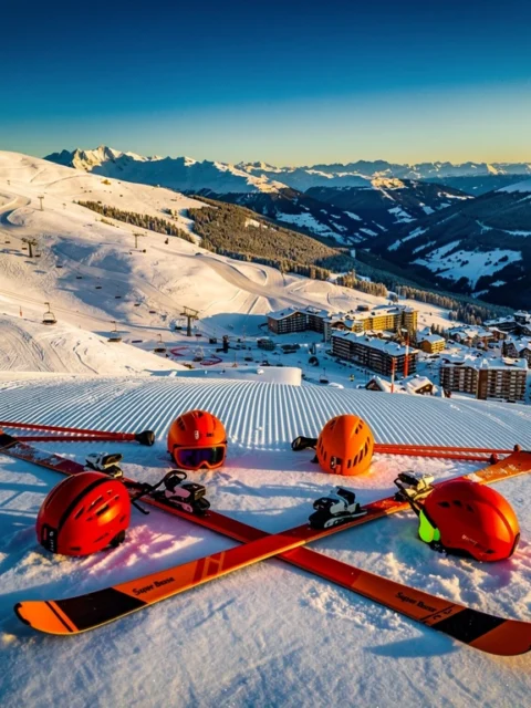 Luchtfoto van Super Besse skigebied met besneeuwde pistes, kleurrijke ski-uitrusting en skiliften onder blauwe hemel