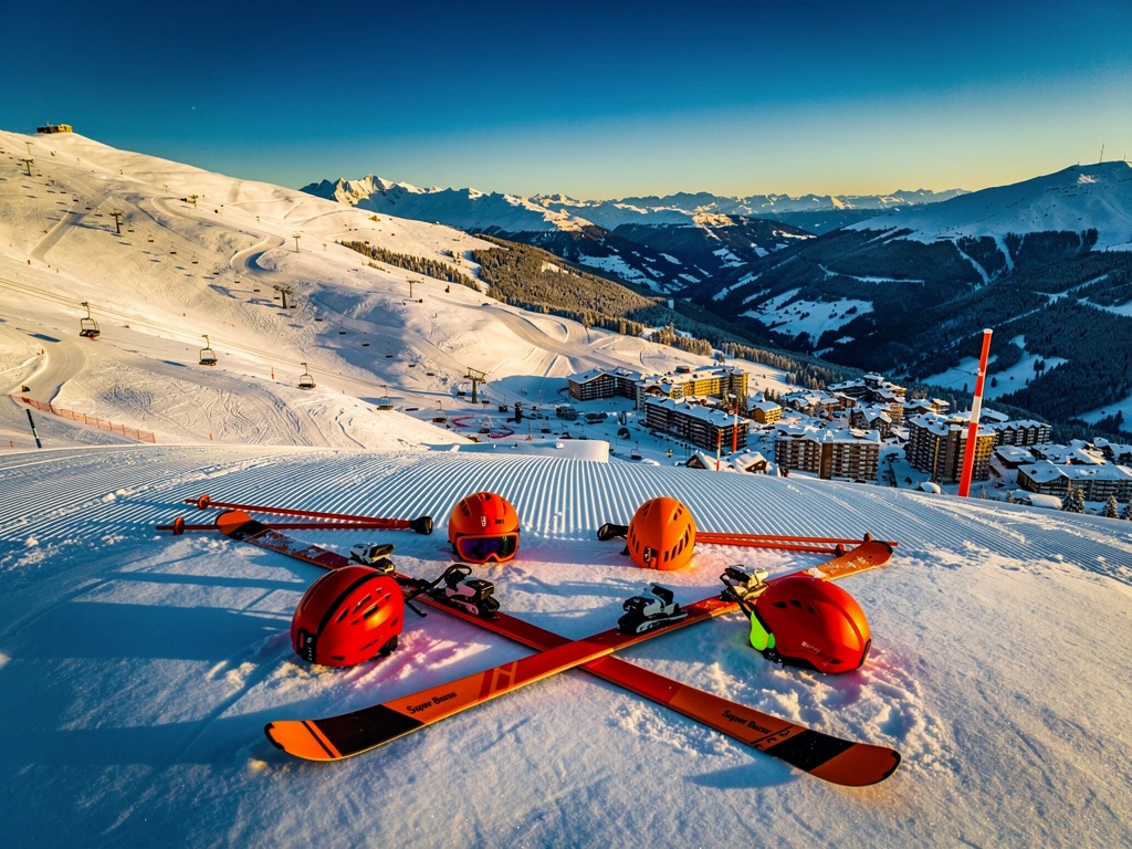 Luchtfoto van Super Besse skigebied met besneeuwde pistes, kleurrijke ski-uitrusting en skiliften onder blauwe hemel