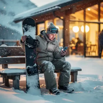 Teleurgestelde snowboarder zit op bankje bij skilodge, kijkt naar telefoon met annuleringsmelding terwijl sneeuw valt