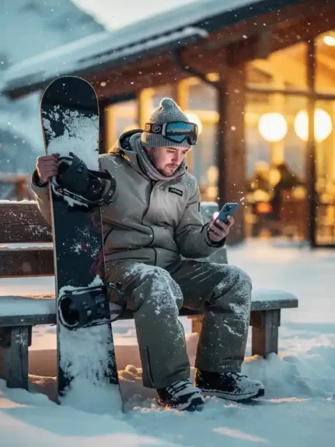 Teleurgestelde snowboarder zit op bankje bij skilodge, kijkt naar telefoon met annuleringsmelding terwijl sneeuw valt