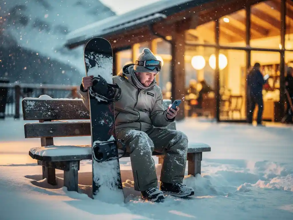 Teleurgestelde snowboarder zit op bankje bij skilodge, kijkt naar telefoon met annuleringsmelding terwijl sneeuw valt
