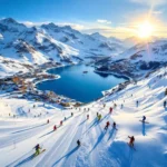 Luchtfoto van skigebied Tignes le Lac met besneeuwde pistes, skilessen en bergmeer in gouden ochtendlicht
