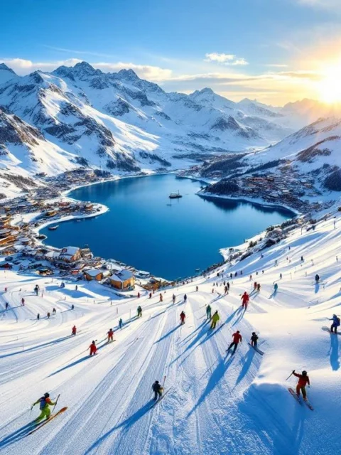 Luchtfoto van skigebied Tignes le Lac met besneeuwde pistes, skilessen en bergmeer in gouden ochtendlicht