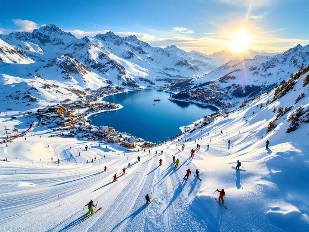 Luchtfoto van skigebied Tignes le Lac met besneeuwde pistes, skilessen en bergmeer in gouden ochtendlicht