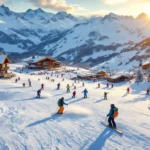 Skiërs oefenen technieken op besneeuwde hellingen van Tignes 1800 skigebied in de Franse Alpen tijdens gouden uur