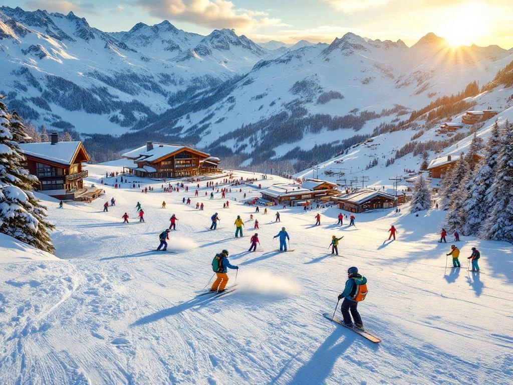 Skiërs oefenen technieken op besneeuwde hellingen van Tignes 1800 skigebied in de Franse Alpen tijdens gouden uur