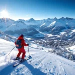 Ski-instructeur in rood jack begeleidt leerlingen op blauwe piste in Tiroler skigebied met besneeuwde Alpentoppen, bergdorp en skiliften onder strakblauwe hemel.