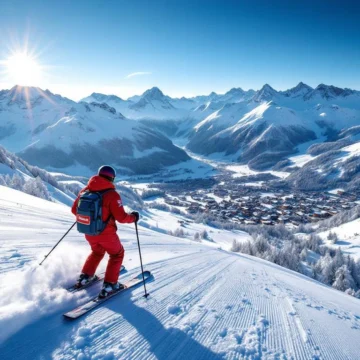 Ski-instructeur in rood jack begeleidt leerlingen op blauwe piste in Tiroler skigebied met besneeuwde Alpentoppen, bergdorp en skiliften onder strakblauwe hemel.