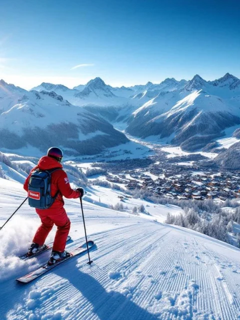 Ski-instructeur in rood jack begeleidt leerlingen op blauwe piste in Tiroler skigebied met besneeuwde Alpentoppen, bergdorp en skiliften onder strakblauwe hemel.