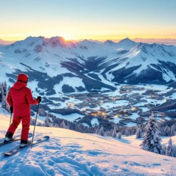 Ski-instructeur in rode jas kijkt uit over Les Trois Vallées skigebied bij zonsopgang, met besneeuwde bergtoppen en dorpen onder blauwe winterhemel.