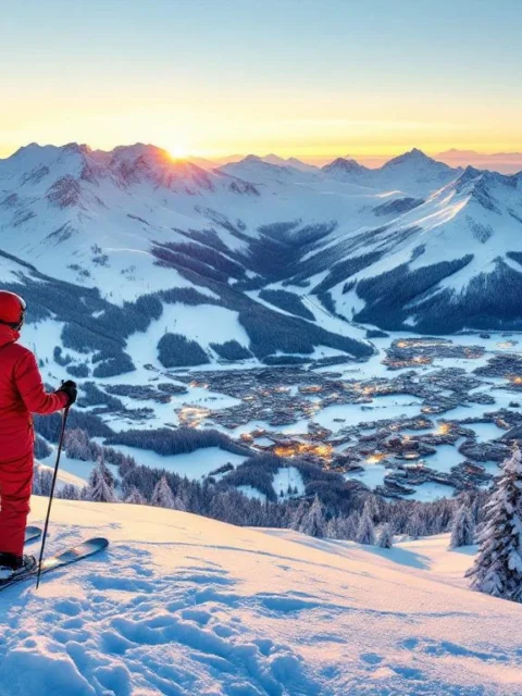 Ski-instructeur in rode jas kijkt uit over Les Trois Vallées skigebied bij zonsopgang, met besneeuwde bergtoppen en dorpen onder blauwe winterhemel.
