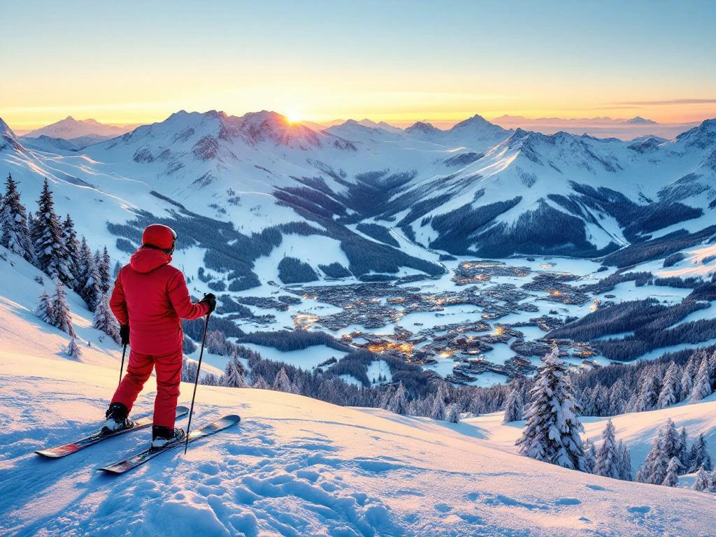 Ski-instructeur in rode jas kijkt uit over Les Trois Vallées skigebied bij zonsopgang, met besneeuwde bergtoppen en dorpen onder blauwe winterhemel.